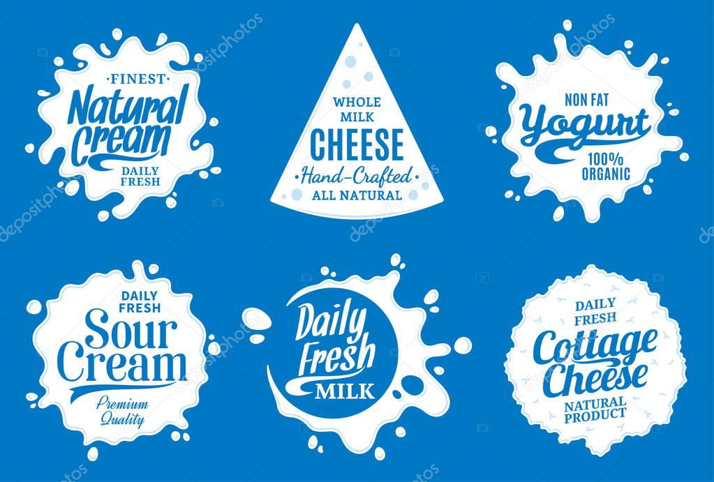 Vector milk product logo. Milk, yogurt, cream, cheese icons and splashes with sample text. Dairy product icons collection for grocery, agriculture store, packaging and advertising