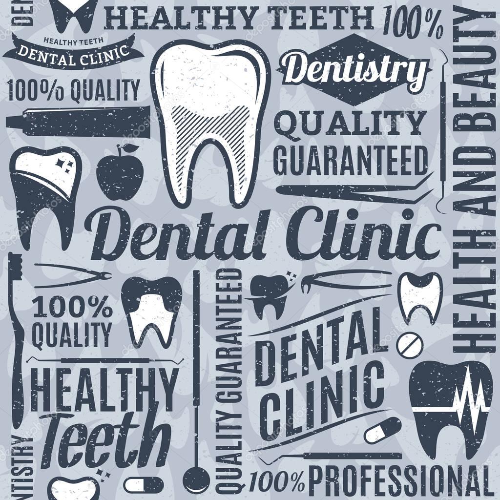 Retro styled typographic vector dental clinic seamless pattern or background. Tooth and medical instrument icons  for stomatology, dentist and dental care clinic