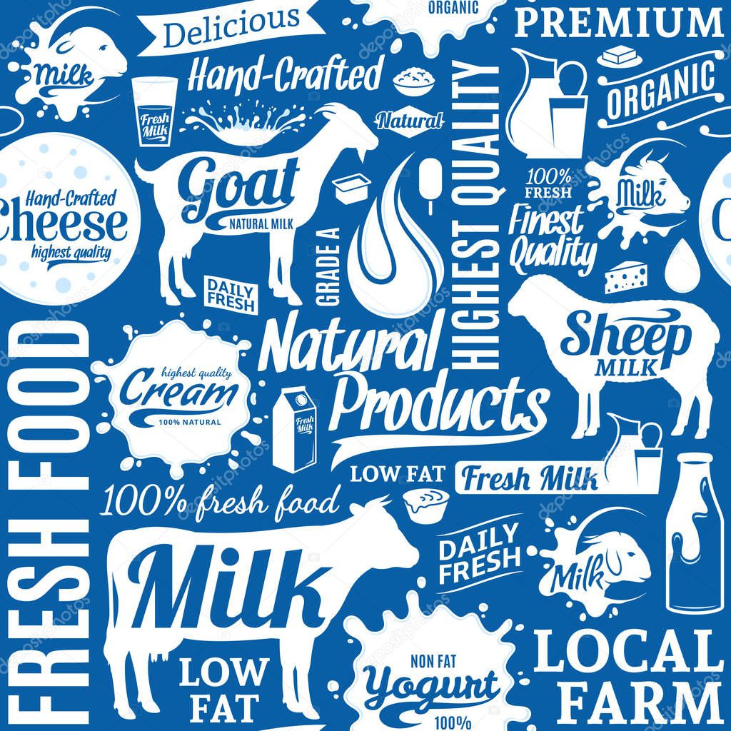Typographic vector milk product seamless pattern or background. Dairy product icons collection for groceries, agriculture stores, packaging and advertising