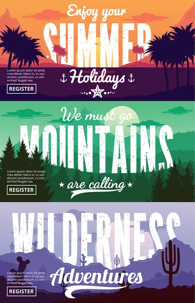 Vector summer, mountains and desert adventures banners — Stock Vector