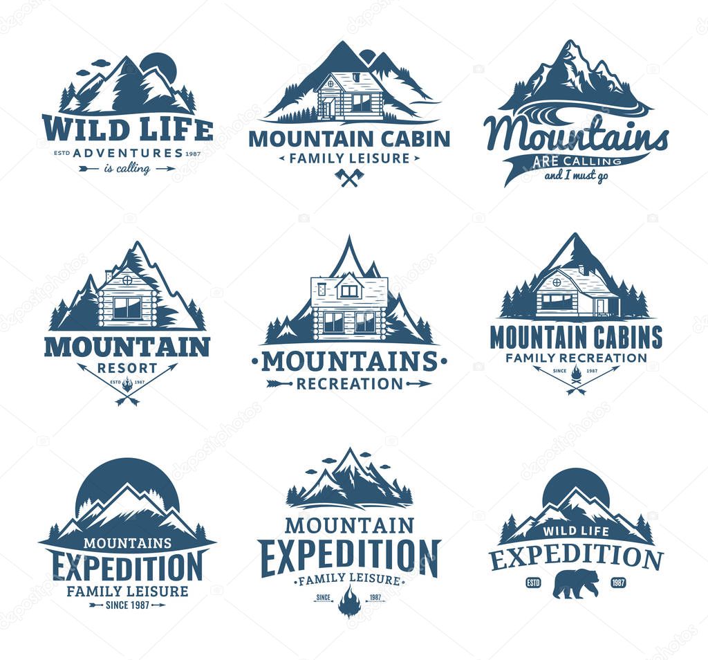 Set of vector mountain and outdoor recreation logo. Mountains and travel icons for tourism organizations, outdoor andventures and camping leisure