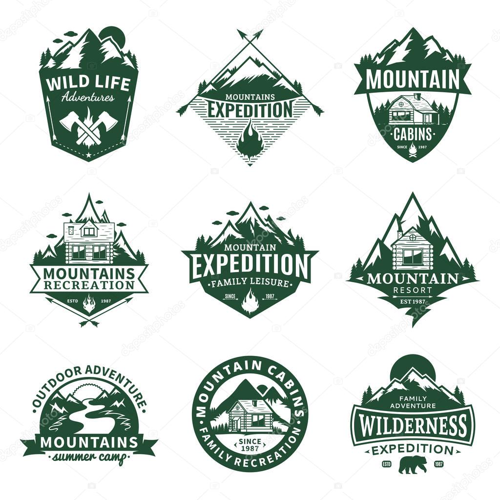 Set of vector mountain and outdoor recreation logo. Mountains and travel icons for tourism organizations, outdoor andventures and camping leisure
