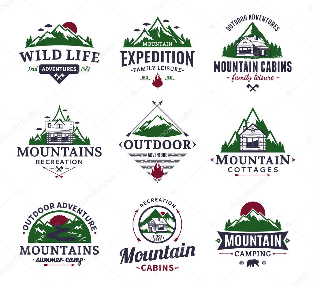 Set of vector mountain and outdoor recreation logo. Mountains and travel icons for tourism organizations, outdoor andventures and camping leisure