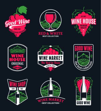 Şarap vektör logosu, simgeler ve tasarım öğeleri