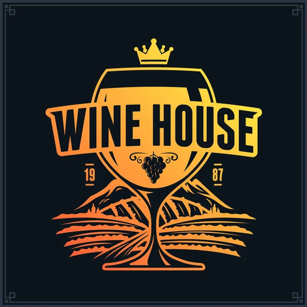 Vetor amarelo-laranja logotipo do vinho do vintage no fundo preto — Vetor de Stock
