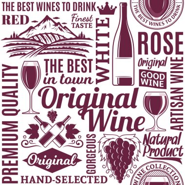 Tipografik vektör şarap Dikişsiz desen veya arka plan