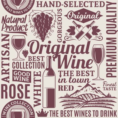 Tipografik vektör şarap Dikişsiz desen veya arka plan