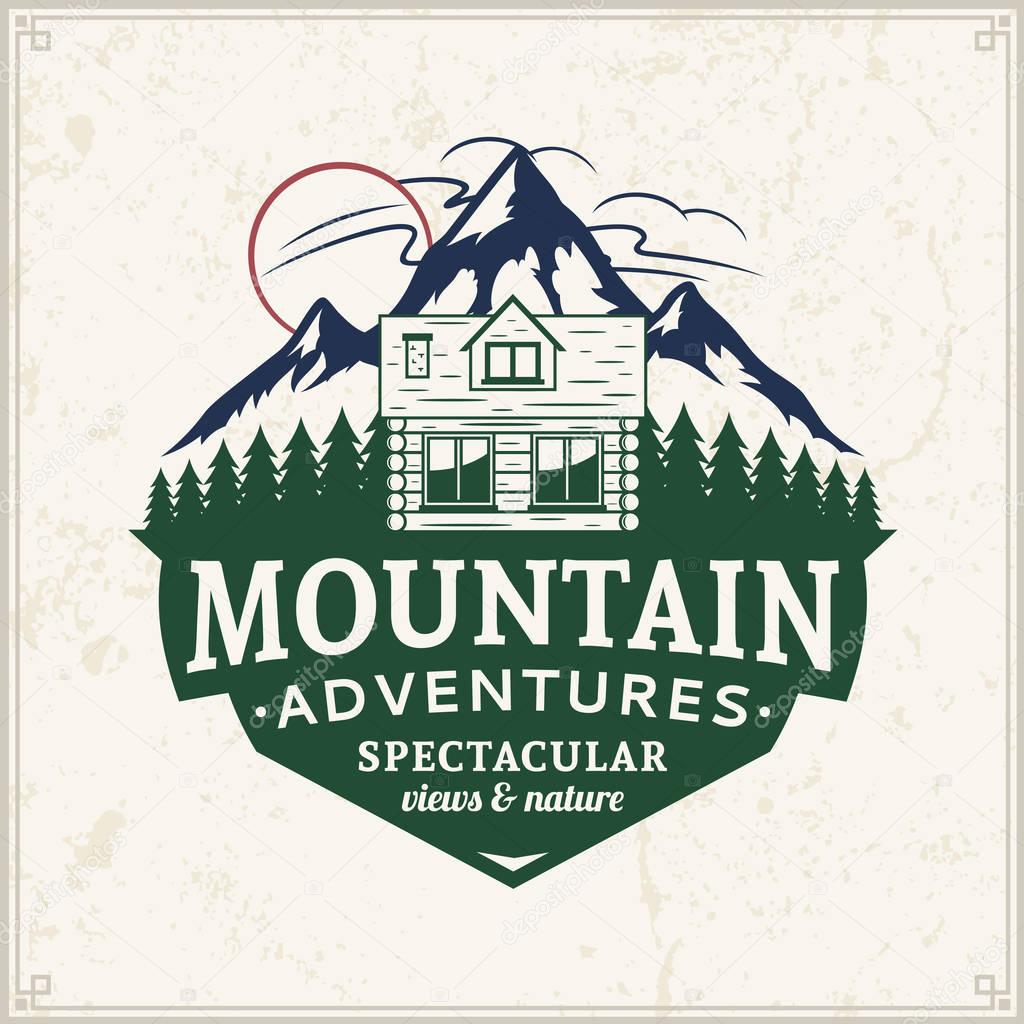 Vector mountain and outdoor andventures logo. Tourism or camping icon for tourism organizations, outdoor  recreation and camping leisure