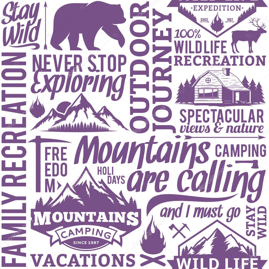Typographic vector mountain and outdoor adventures seamless pattern or background. Tourism, hiking and travel icons for tourism organizations, outdoor events and camping leisure