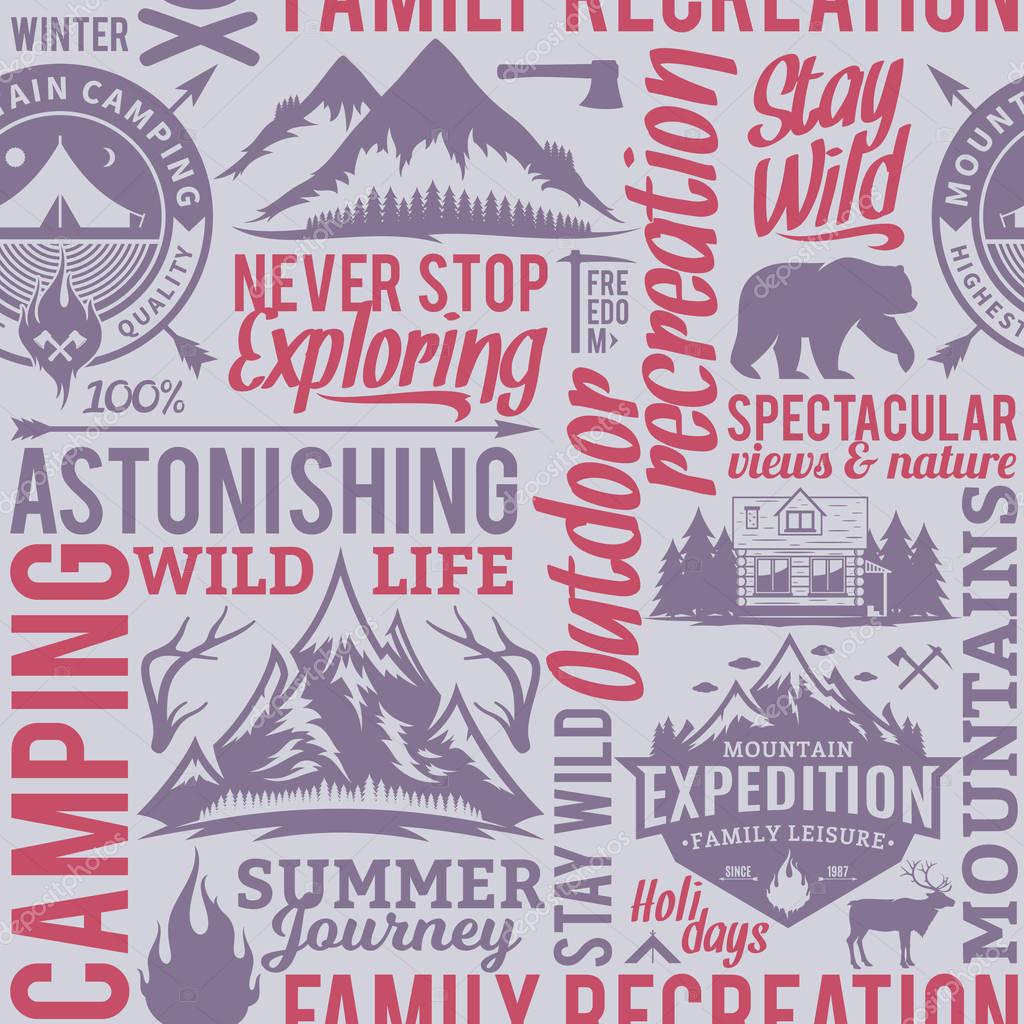 Typographic vector mountain and outdoor adventures seamless pattern or background. Tourism, hiking and travel icons for tourism organizations, outdoor events and camping leisure