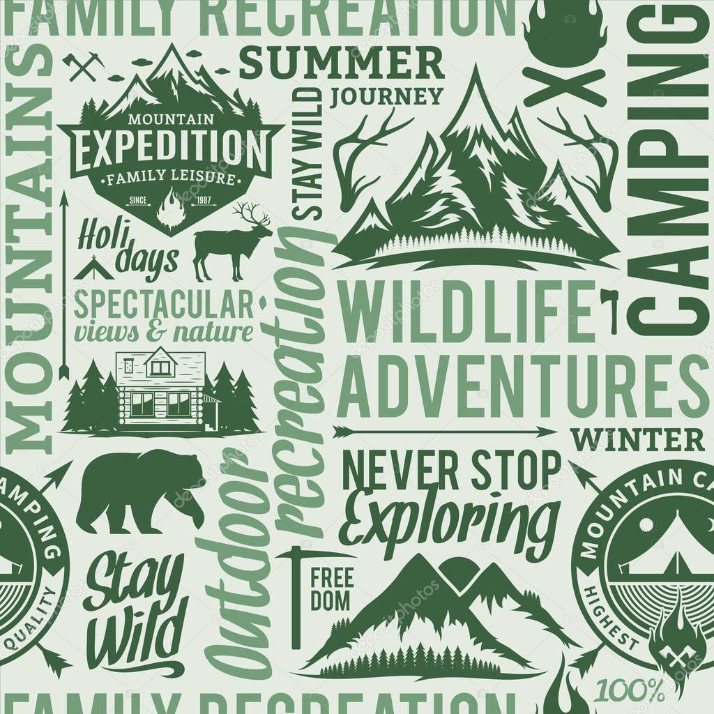 Typographic vector mountain and outdoor adventures seamless pattern or background. Tourism, hiking and travel icons for tourism organizations, outdoor events and camping leisure