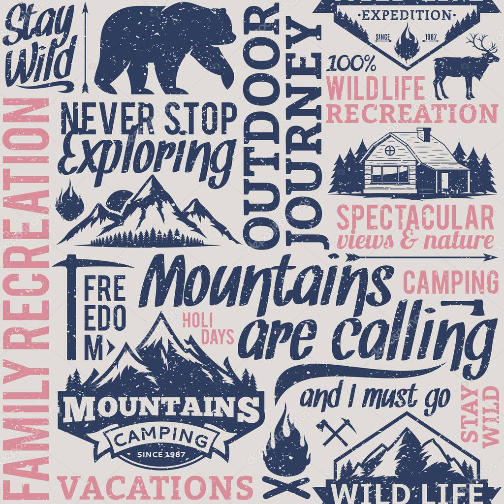 Retro styled typographic vector mountain and outdoor adventures seamless pattern or background. Tourism, hiking and travel icons for tourism organizations, outdoor events and camping leisure