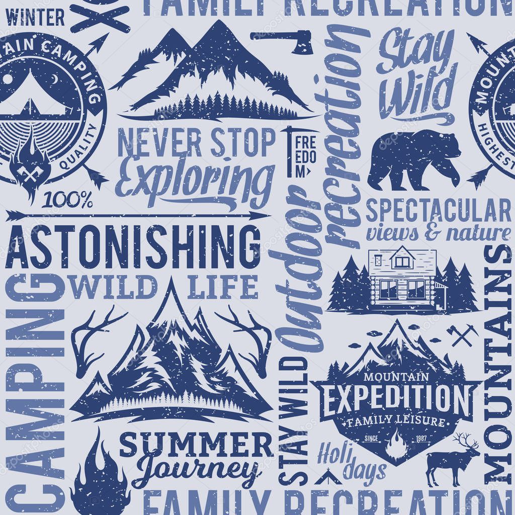 Retro styled typographic vector mountain and outdoor adventures seamless pattern or background. Tourism, hiking and travel icons for tourism organizations, outdoor events and camping leisure
