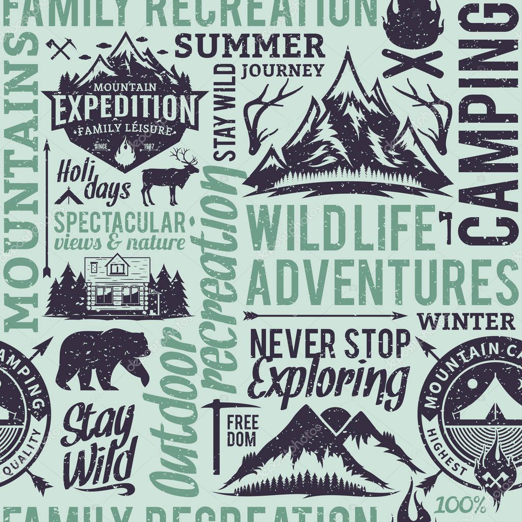Retro styled typographic vector mountain and outdoor adventures seamless pattern or background. Tourism, hiking and travel icons for tourism organizations, outdoor events and camping leisure