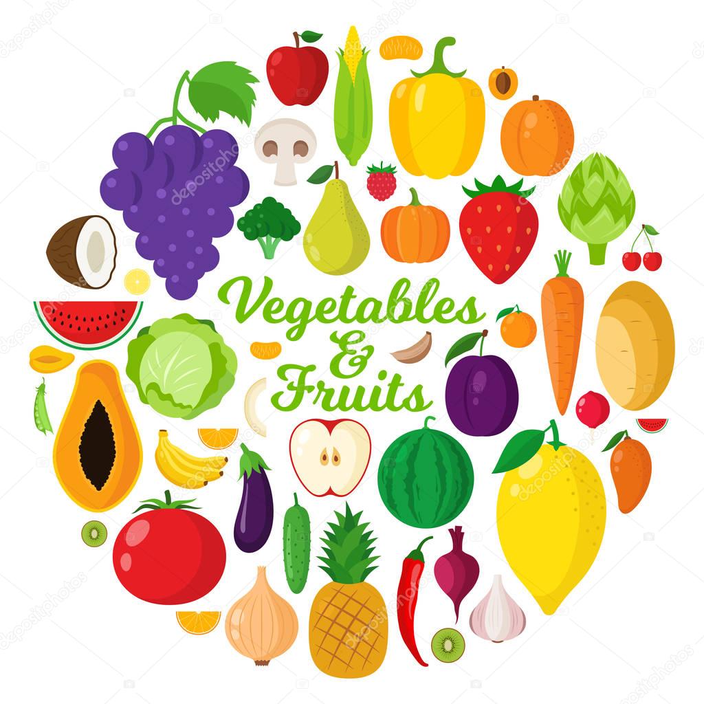Vector vegetables and fruits illustration. Fruits and vegetables icons for groceries, agriculture stores, packaging and advertising