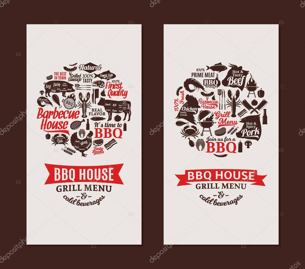 Vector barbecue house cards. BBQ, meat, vegetables, beer, wine and equipment icons for cafe, bar and restaurant menu, branding and identit