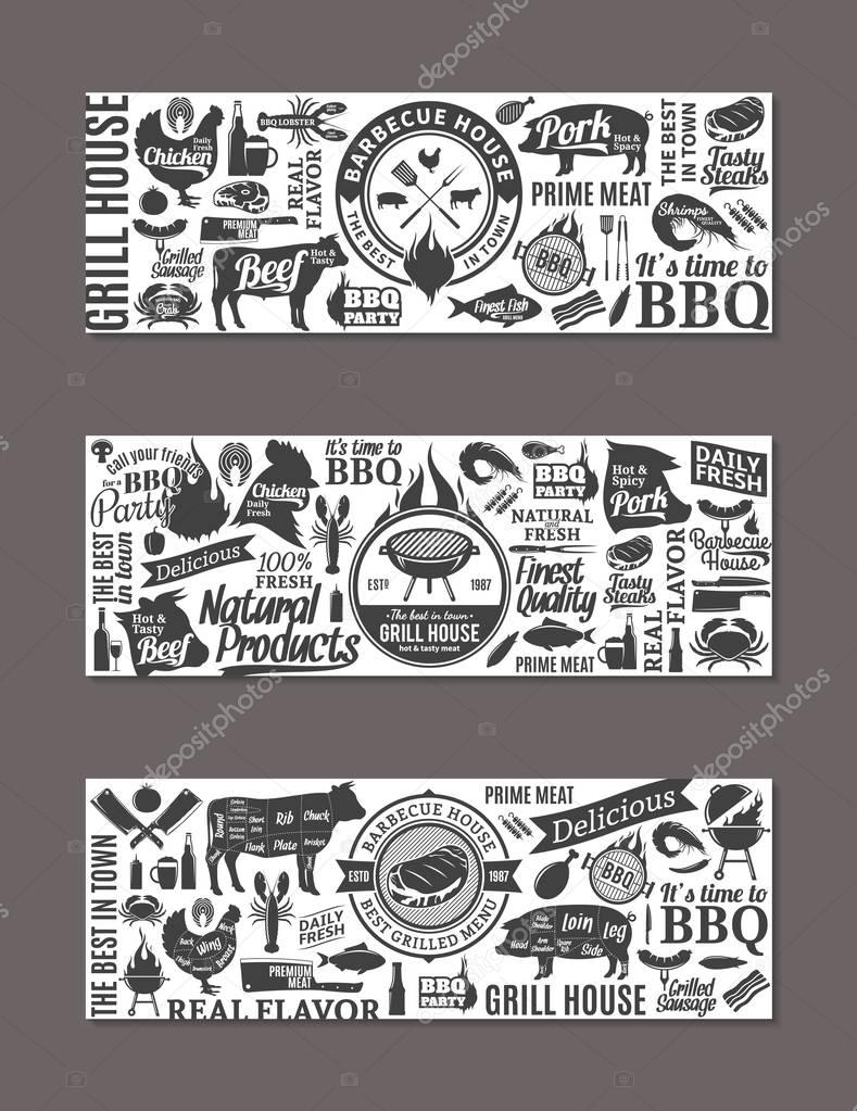 Vector barbecue banners. BBQ, meat, vegetables, beer, wine and equipment icons for cafe, bar and restaurant menu, branding and identity