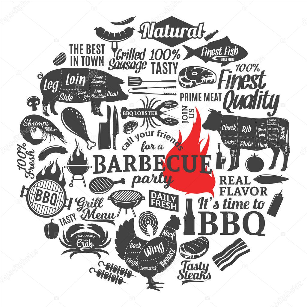 Vector barbecue party invitation. BBQ, meat, vegetables, beer, wine and equipment icons for cafe, bar and restaurant menu, branding and identity