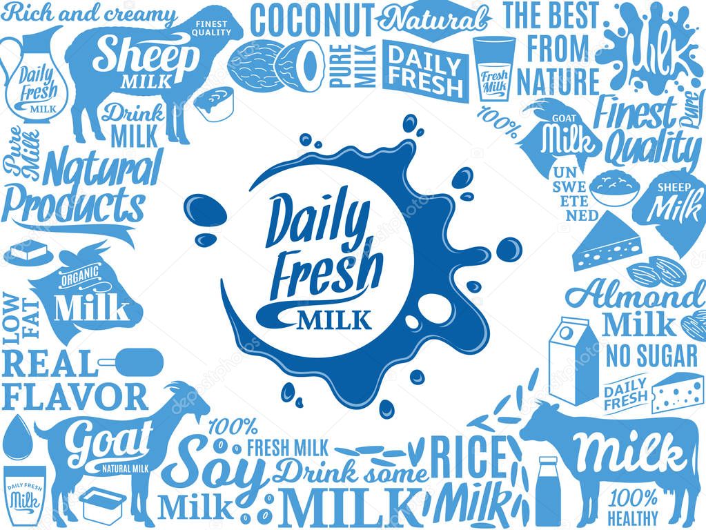 Vector milk illustration. Milk, yogurt, cream, cheese icons and splashes collection for grocery, agriculture store, packaging and advertising