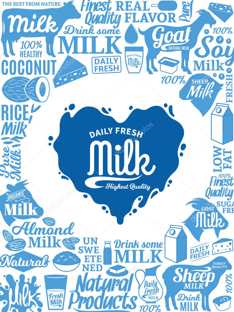Vector milk illustration. Milk, yogurt, cream, cheese icons and splashes collection for grocery, agriculture store, packaging and advertising