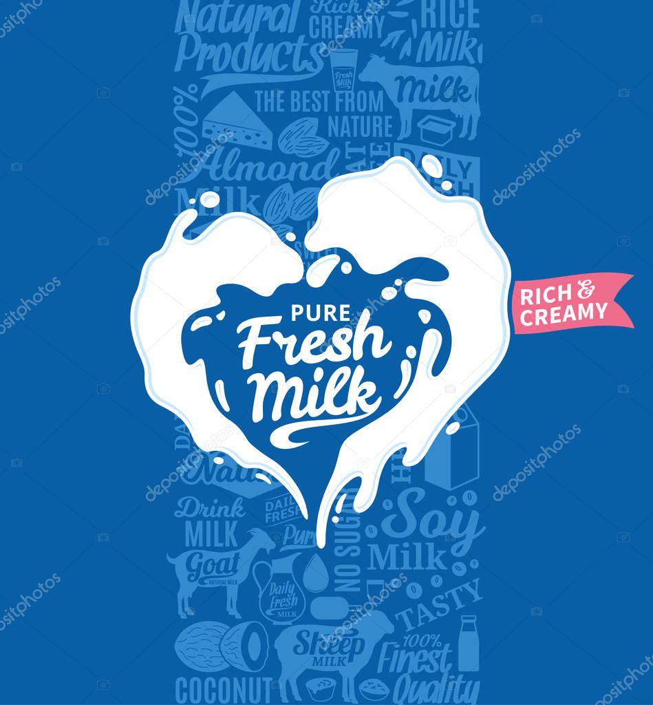 Vector milk logo. Milk, yogurt, cream, cheese icons for grocery, agriculture store, packaging and advertising