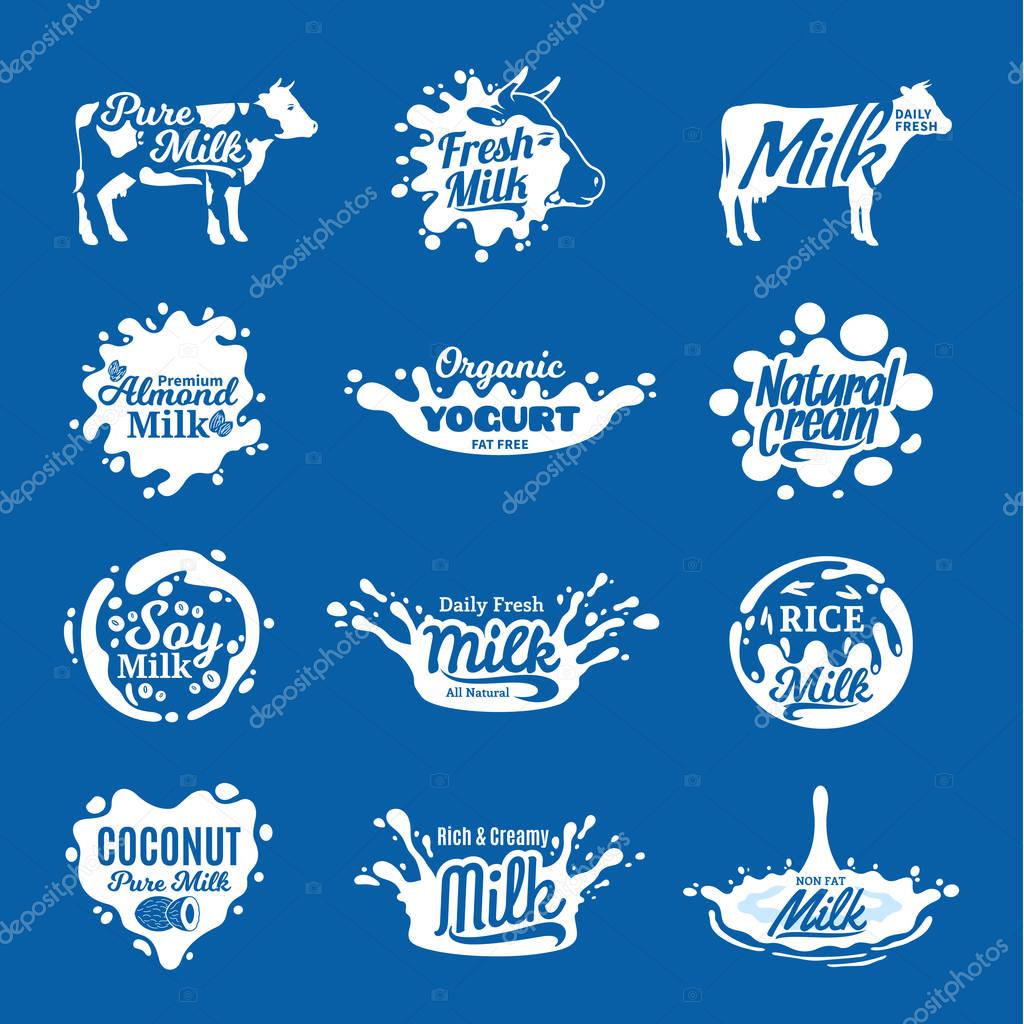 Vector milk logo. Milk, yogurt or cream icons and splashes with sample