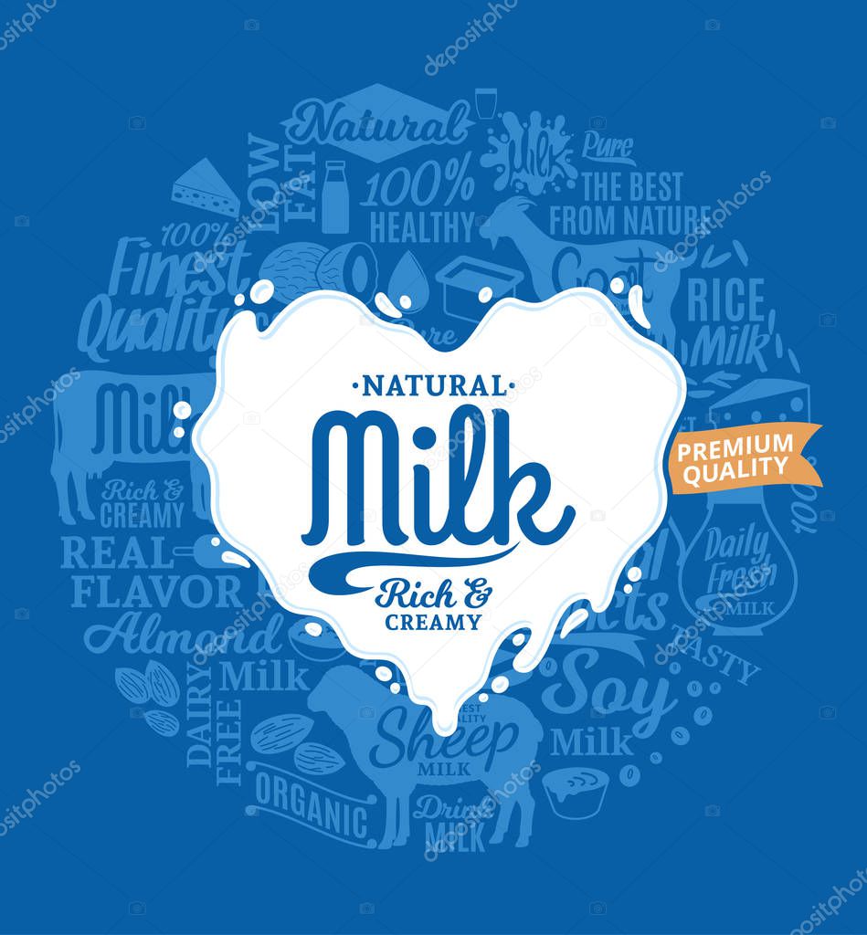 Vector milk logo. Milk, yogurt, cream, cheese icons for grocery, agriculture store, packaging and advertising
