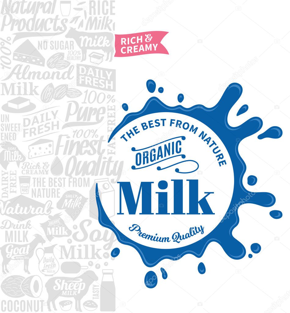 Vector milk logo. Milk, yogurt, cream, cheese icons for grocery, agriculture store, packaging and advertising
