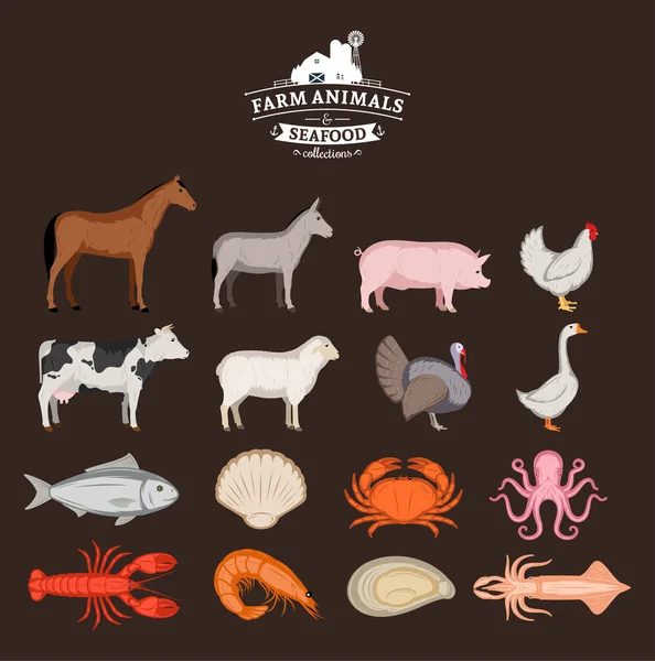 Vector farm animals and seafood collection — Stock Vector
