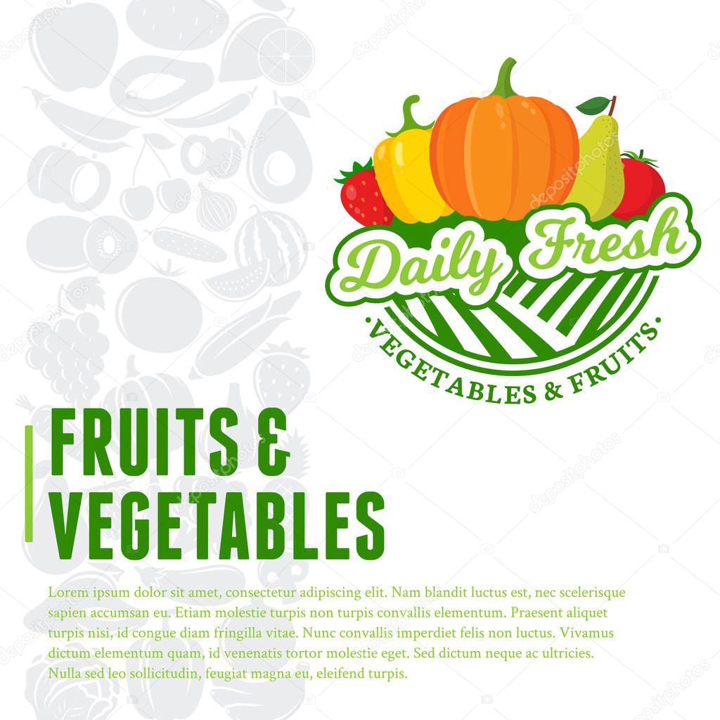 Vector fruits and vegetables illustration. Fruits and vegetables icons and design elements for groceries, agriculture stores, packaging, menu and advertising