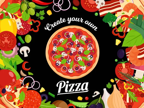Vektorillustration pizza med skivor och många ingredienser — Stock vektor
