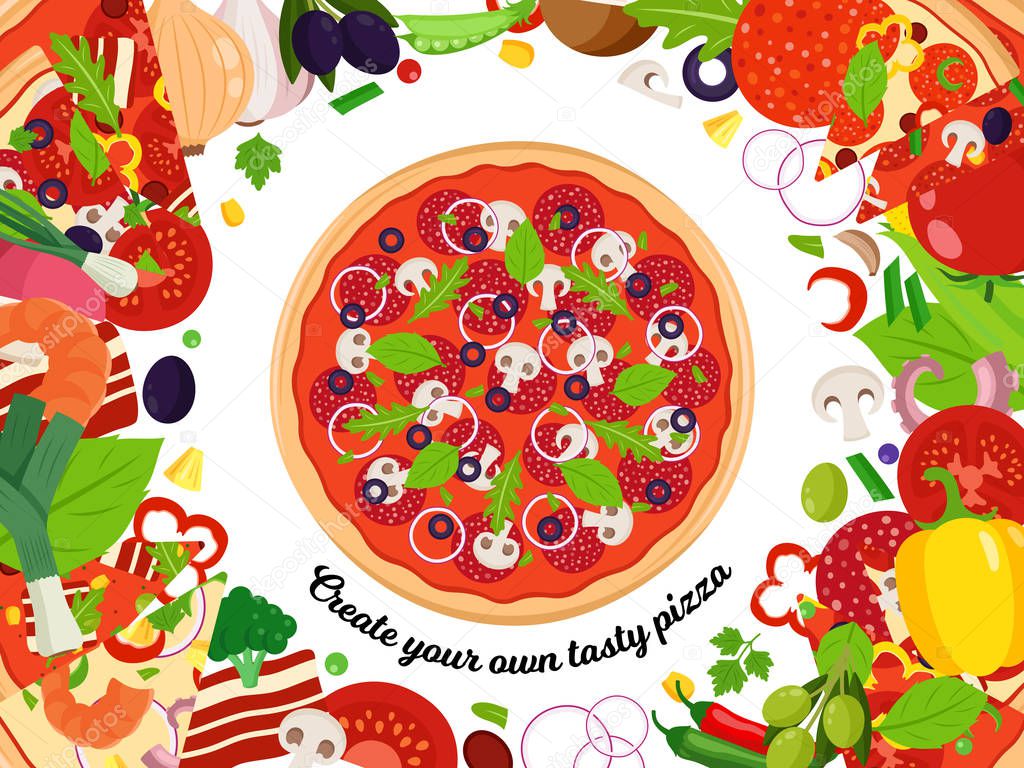 Vector Pizza Illustration With Slices And Many Ingredients Pizza Ingredients Frame Or Background Create Your Own Pizza Kit Premium Vector In Adobe Illustrator Ai Ai Format Encapsulated Postscript Eps Eps Format