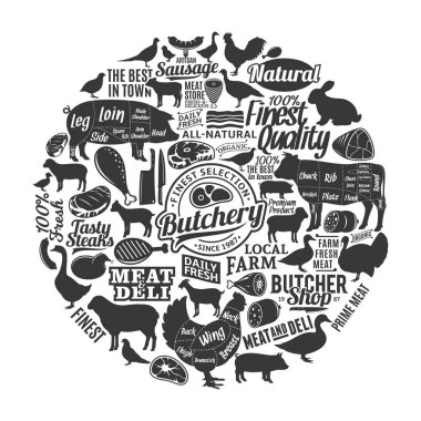 Vektör kasaplık logosu, simgeler ve tasarım öğeleri
