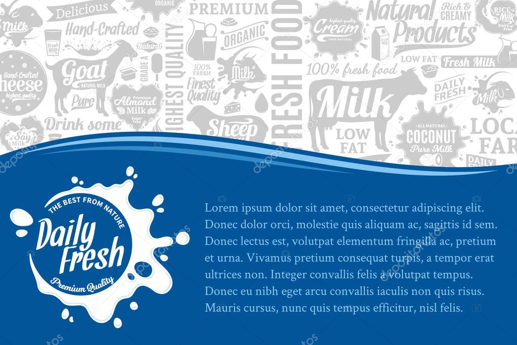 Vector dairy farm illustration with many milk icons, farm animals and dairy products design elements.