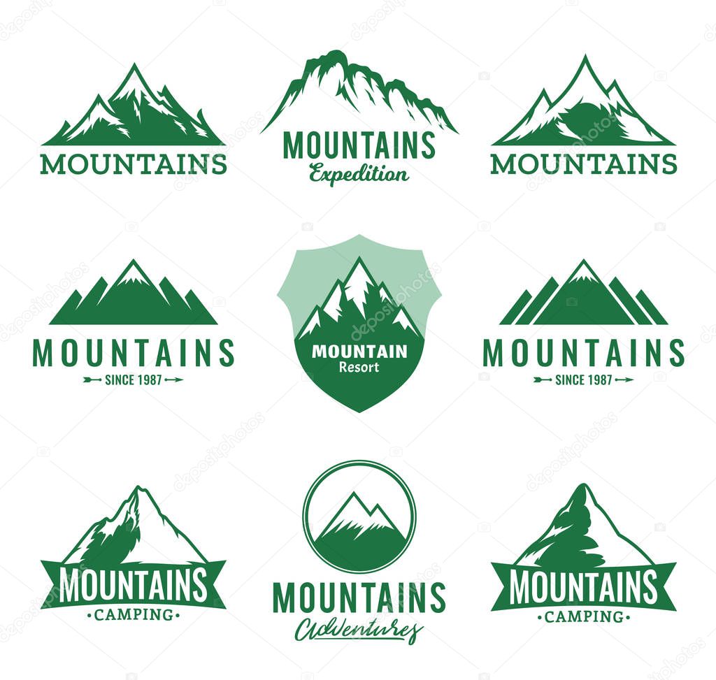 Vector mountains logo isolated on white. Mountains, rocks and peaks icons.