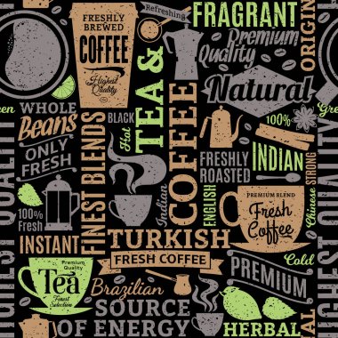 Retro tarzı tipografik vektör kahve ve çay seamless modeli 