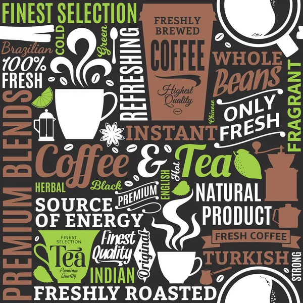 Typographic vector coffee and tea seamless pattern or background — Stock Vector