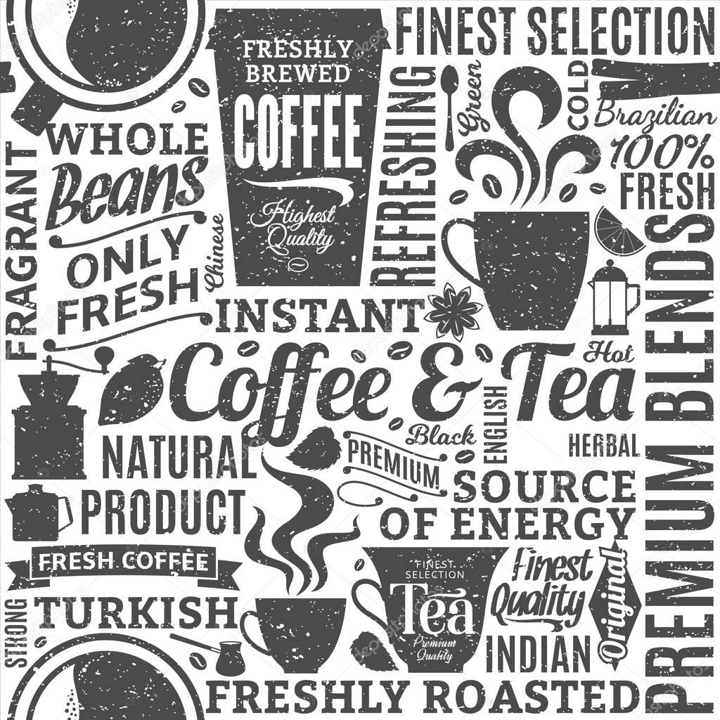 Retro styled typographic vector coffee and tea seamless pattern 