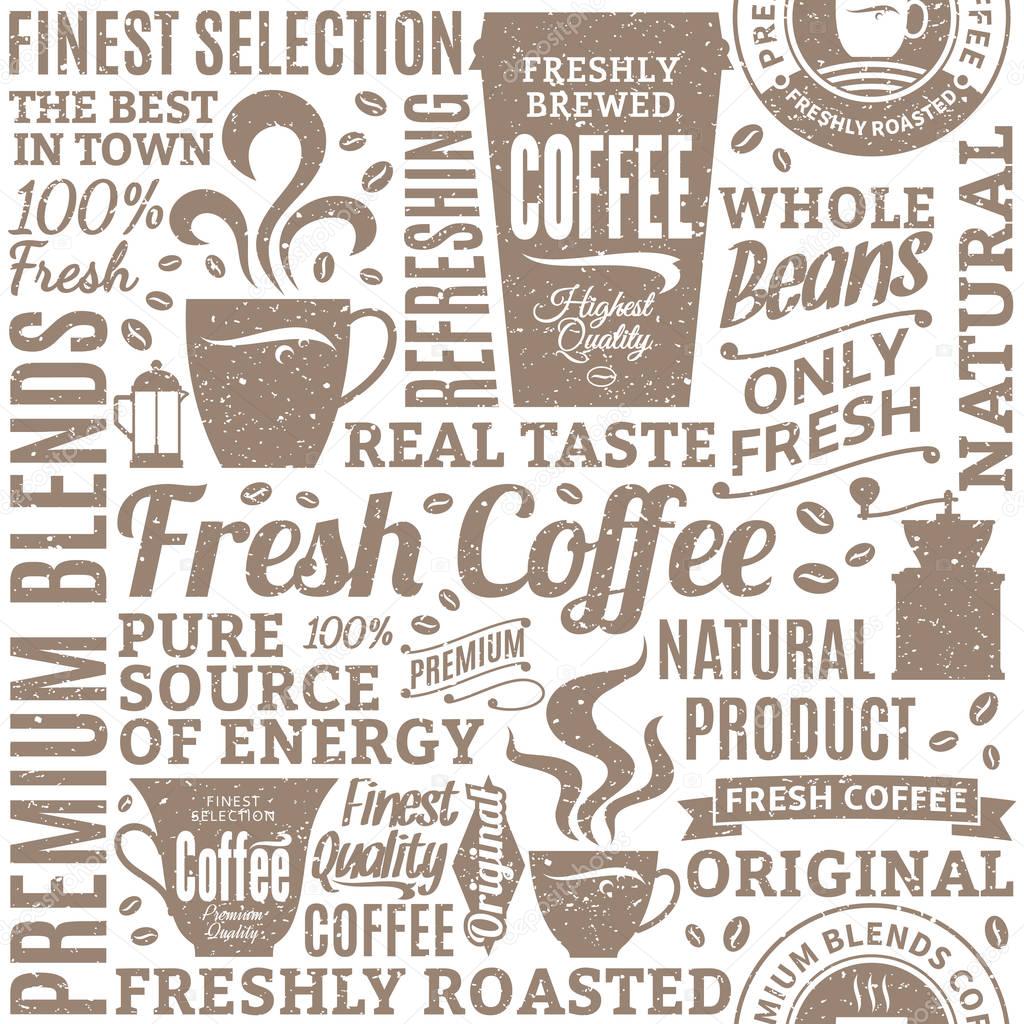Retro styled typographic vector coffee shop seamless pattern or 