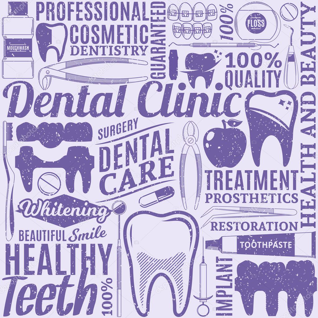 Typographic vector dental clinic seamless pattern or background. Tooth and medical instrument icons.