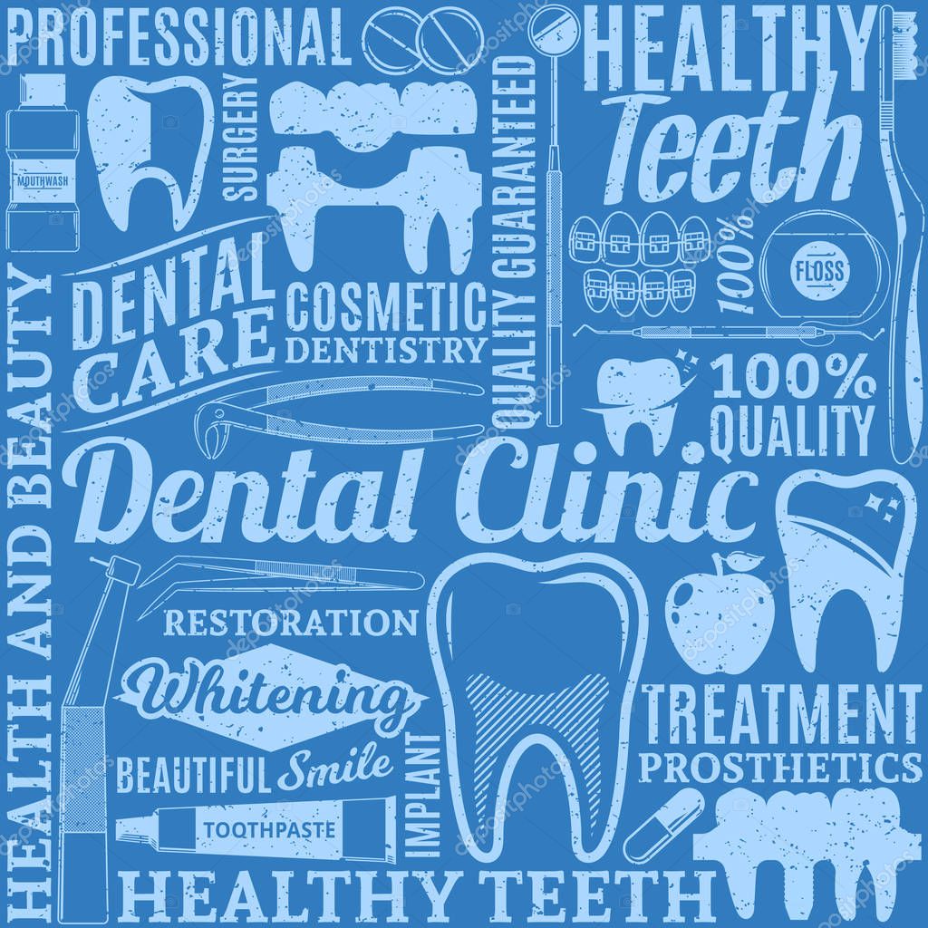 Typographic vector dental clinic seamless pattern or background. Tooth and medical instrument icons.