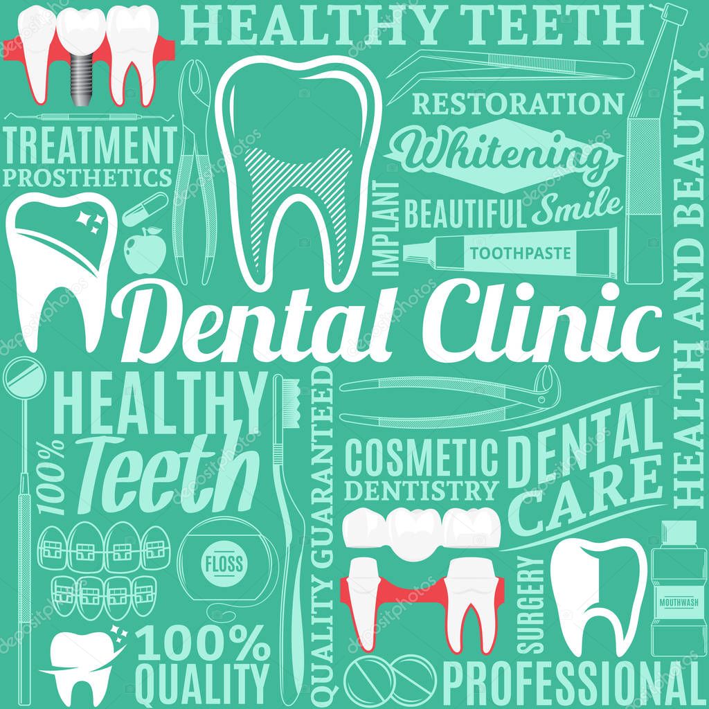 Typographic vector dental clinic seamless pattern or background. Tooth and medical instrument icons.