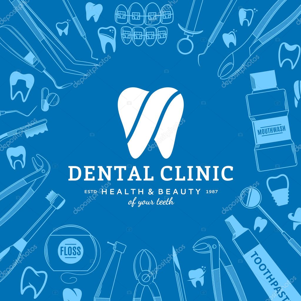 Vector dental clinic logo template and dental instrument icons.