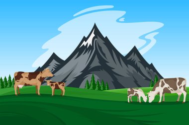 Vektör inek ve Dana dağ manzarası içinde