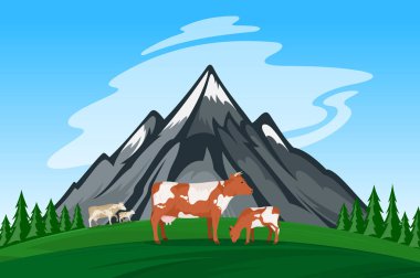 Vektör inek ve Dana dağ manzarası içinde