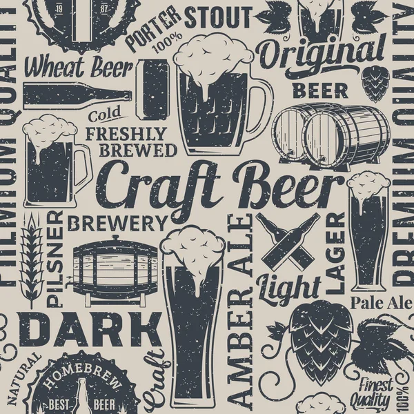 Estilo retro tipográfico vector cerveza patrón sin costura o backgro — Vector de stock