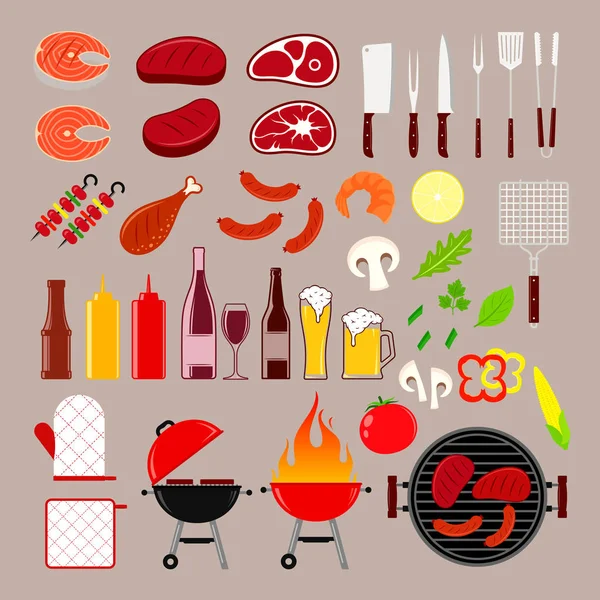 Pictogrammen voor vector barbecue, vlees en BBQ-apparatuur — Stockvector