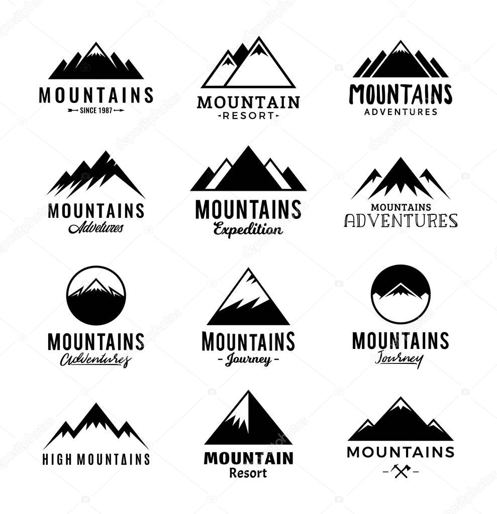 Vector mountains logo isolated on white. Mountains, rocks and peaks icons.