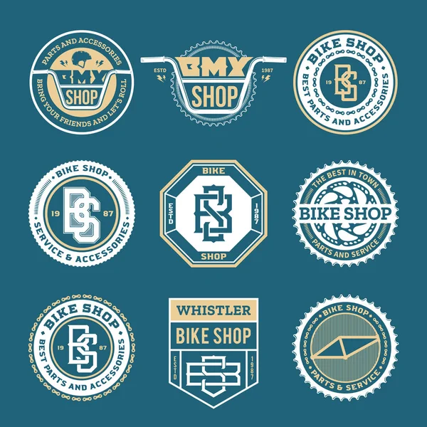 Tienda de bicicletas vectoriales, pieza de bicicleta y logotipo de servicio — Vector de stock