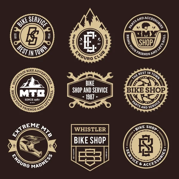 Tienda de bicicletas, servicio de bicicletas, logotipo de ciclismo de montaña — Vector de stock